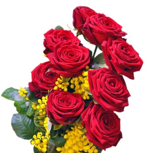 Foto Mazzo di rose rosse e mimosa.